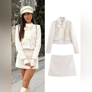 ZARA 2 PIECES BOW TRIM TEXTURED BLAZER WITH TEXTURED SKORT SIZE L